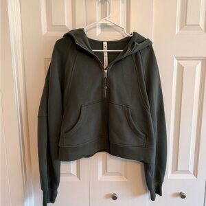 Rare Lulumon Olive Green Half-Zip Scuba Hoodie gold zipper and accents size 12